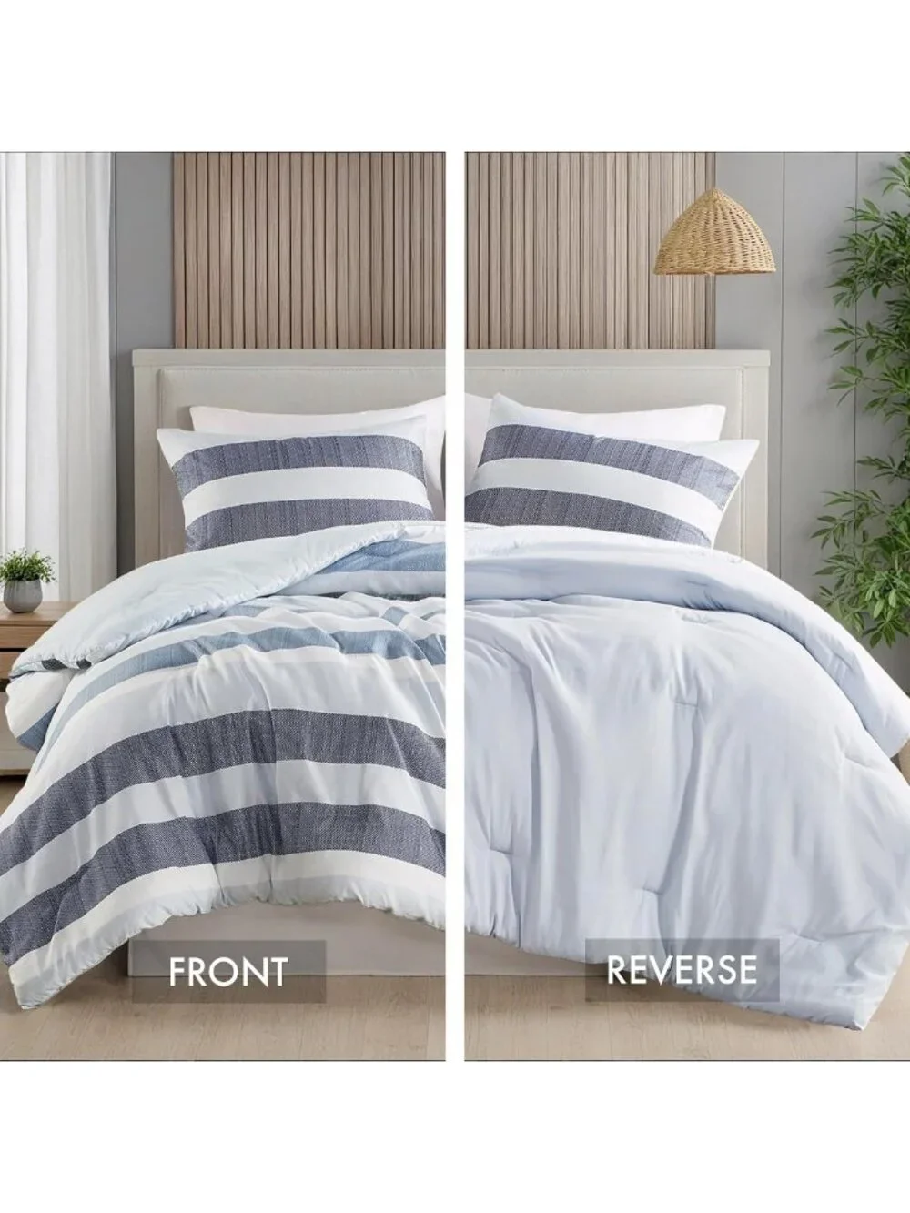 Navy Blue Striped Comforter Set - 3 Piece Full/Queen Bedding, Soft & Reversible
